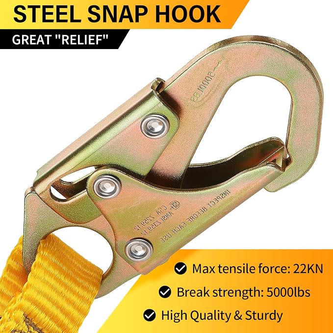 TRSMIMA Fall protection Safety Lanyard - 4ft to 6ft Adust Fall protection Webbing Belt Roof Strap Double Rebar Hook