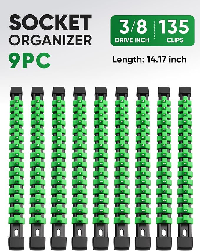 ALOANES 9PC ABS Socket Organizer, Socket Rails Fit 3/8 inch Drive | Portable Heavy Duty Socket Holders Hold up 135 Sockets for Mechanics Toolbox Drawer Bags(Green)