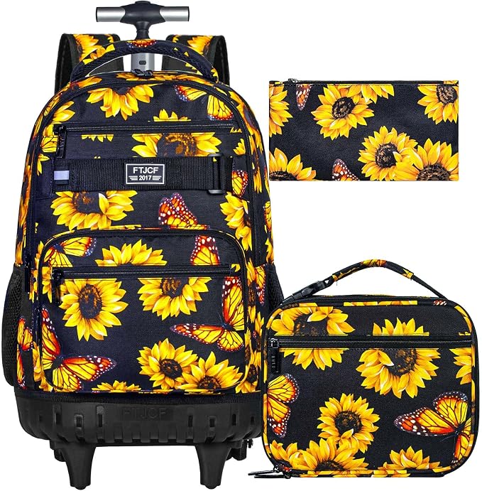 3Pcs Rolling Backpack for Girls Women, Travel Roller Backpacks with Wheels for Adults, Teens College Sunflower Wheeled Bookbag with Lunch Box(Yellow)