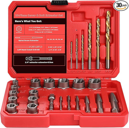 30 Pcs Spiral Screw Extractor Bolt Extractor Set, 6542/4341 HSS Left Hand Drill Bit Set, Stripped Bolt Remover Borken Bolt Extractor Kit for Removing Nuts Bolts with Solid Storage Case