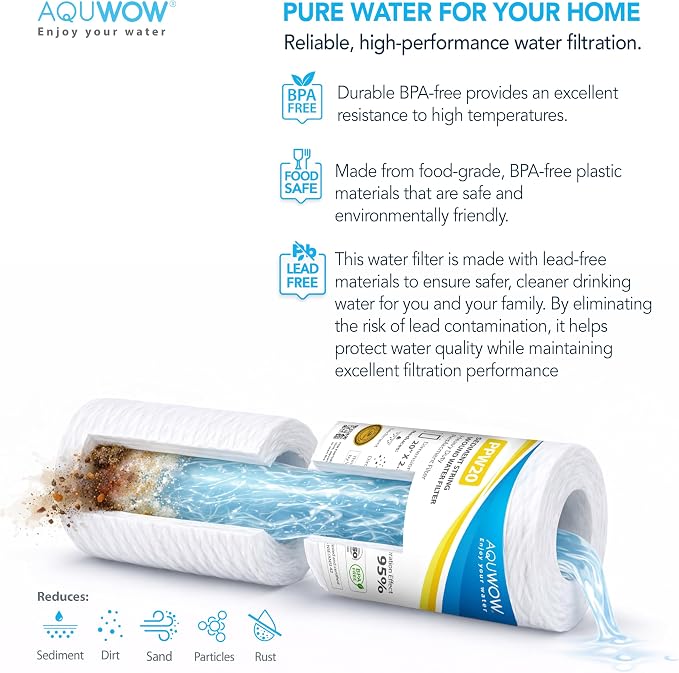 PPW20 5 Micron 2.5" x 20" String Wound Sediment Filter Set – Replacement Cartridges for Whole House & Under Sink Systems, Durable Depth Filtration (4, 20 x 2.5)