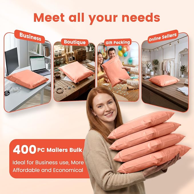 Metronic Poly Mailers 14.5x19 400 Pack, Heavy Duty Shipping Bags Bulk Self Seal Waterproof Tear Resistant Large Mailing Envelopes, Packaging bags for Small Business, Boutique, Clothing, Peach Pink
