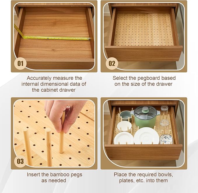 Kigley 6 Pcs Wood Pegboard Drawer Organizer with 48 Pegs Wooden Peg Board System Peg Drawer Organizers for Kitchen Dishes Plate Pegboard Food Containers(Wood Color,17x5.91,Bamboo)