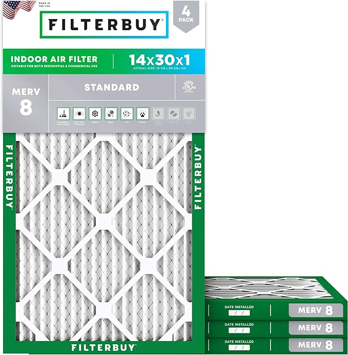 Filterbuy 14x30x1 Air Filter MERV 8 Essential Dust & Allergy Defense (4-Pack), Electrostatic Pleated HVAC AC Furnace Filters Replacement, Made in USA (Actual Size: 13.88 x 29.88 x 0.75)