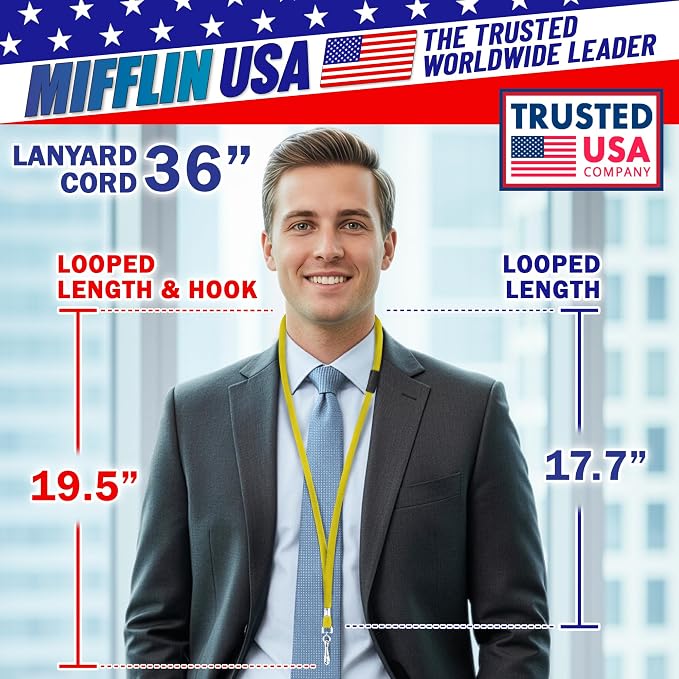 MIFFLIN-USA Flat Breakaway Safety Lanyard for ID Badges (Yellow, 36 Inch, 100 Pack), Soft Woven Neck Line
