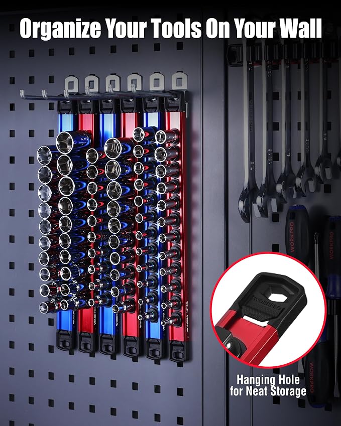 WORKPRO 8-Piece Magnetic Socket and Screwdriver Organizer Set | 6-Piece 1/4", 3/8" & 1/2" Drive Metric & SAE Socket Rails, 2-Piece Screwdriver and Wrench Holders