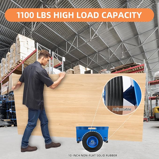 Heavy Duty Panel Dolly 1100LBS Capacity Door Cart with 10" Solid Rubber Wheels,Adjustable Clamp Panel Cart with Handle, All Terrain Slab Dolly for Drywall Sheet Heavy Material-Blue