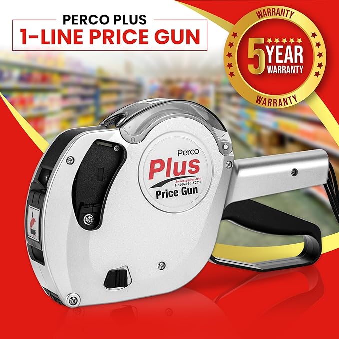Perco Plus 1-Line Price Marking Gun with Labels Kit - Compares to Monarch 1131-01 Band Includes 1-Line 8-Character Band Price Labeler Gun, 9,000 Blank White Labels, a Label Scraper, and an Extra Inker