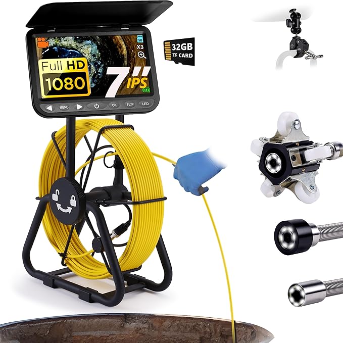 𝟐𝟎𝟐𝟓 𝐍𝐞𝐰 7” Sewer Camera, HD 1080P w/DVR-32GB, [NEW 1s Twist-to-Unlock System] Plumbing Snake Pipe Inspection Camera, [Thicker Cable Reel] Drain Camera, 5000mAh, [360°+180° Rotate] 100ft/30m