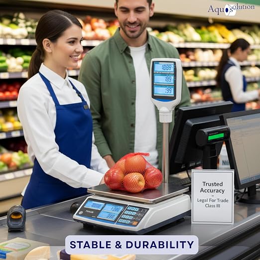 Aquos ZTP Price Computing Scale – Class III NTEP Legal for Trade, Commercial Digital Scale with LCD Backlit Display & Stainless Steel Platter, Retail Grocery Scale (60lbs Pole Model)