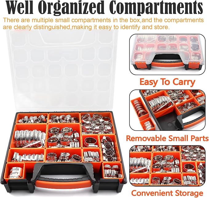 210Pcs Hose Clamps 304 Stainless Steel Assortment Kit,Adjustable 1/4"-2"(6-51mm) Worm Gear Hose Clamp For Fuel Line,Pipeline,Automotive,Radiator Plumbing,Industry,Garden