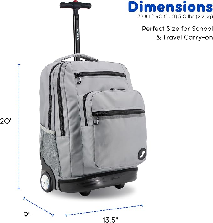J World Sundance Laptop Rolling Backpack for Girls Boys. Roller Bookbag with Wheels, 20 Inch, Grey