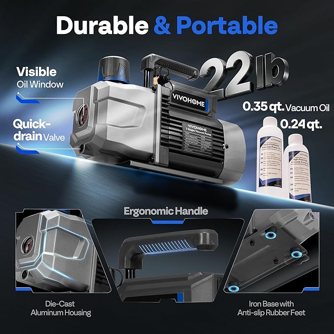 VIVOHOME 3/4 HP 7.2 CFM 2 Stage A2L HVAC Vacuum Pump, Sparkless Motor for R32 R1234yf R454B R134a R22 R410a Systems, Auto AC Vacuum Pump for Air Conditioner Resin Degassing with Oil Bottle