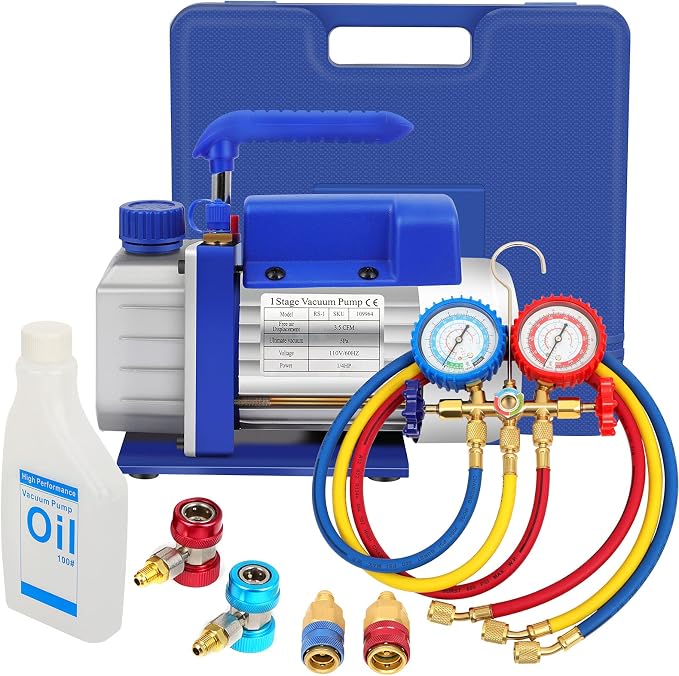 FAHKNS 110V 3.5 CFM Vacuum Pump 1/4HP with Manifold Gauge and Leak Detector Set for A/C HVAC Auto Repair R134 with Oil