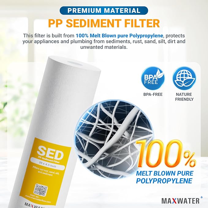Max Water 1 Micron 20" x 4.5" Sediment Filter - 20 inch Whole House Water Filtration System Replacement Cartridge Compatible with DGD-5005-20, FP25B, AP810-6, P5-20, 155358-43, SDC-45-2005 - 10 Pack
