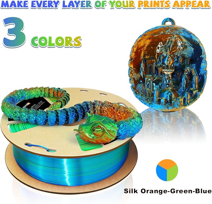 LOVOON PLA 3D Printing Filament 1.75MM Silk tricolors, Color Change by Angle Multicolor pla filaments Fit Most FDM Printers and 3D Pen, Silk Orange/Green/Blue, 1KG(2.2lb)/Spool