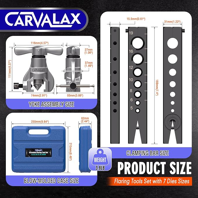 CARVALAX 45° Eccentric Flaring Tool Kit for Copper, Brass, and Aluminum Tubing, Single Flaring Bar with 7 Dies (5mm to 19 mm), for HVAC, Refrigeration,and Brake Lines, Heavy Duty with Case (Metric)