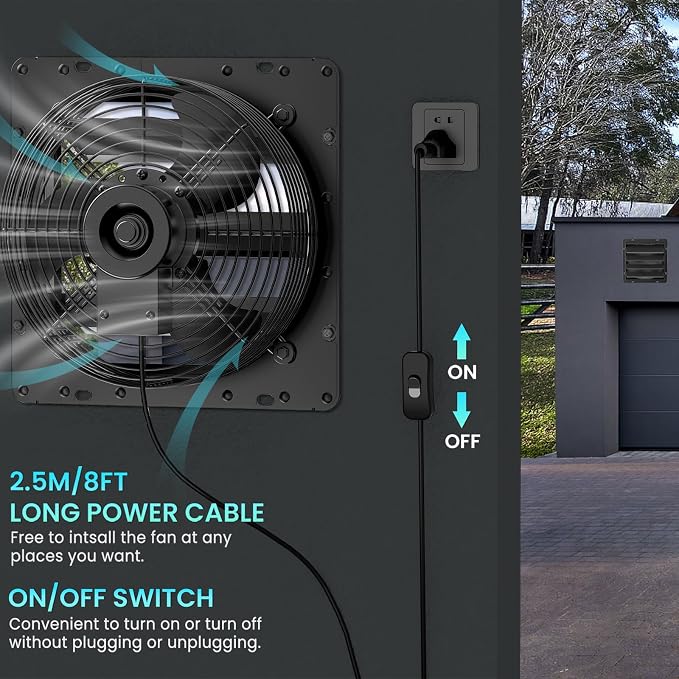 HG Power Upgraded 12 Inch Shutter Exhaust Fan, 764CFM High-Speed, 1400RPM Wall-Mounted Ventilation Fan for Shed, Garage, Greenhouse - with Mesh Screen, ON/OFF Switch & 8FT Power Cord, Black