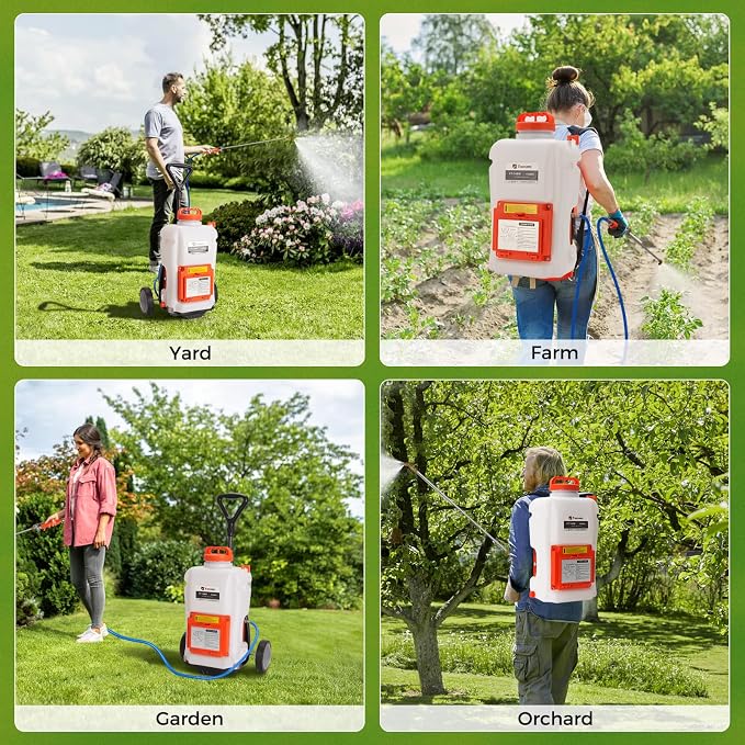Toovem Battery Powered Backpack Sprayer, 4 Gallon Electric Sprayer with Wheeled Cart, Adjustable 0-94 PSI Backpack Garden Sprayer with 10FT Hose, 6 Nozzles for Lawn, Garden, Yard