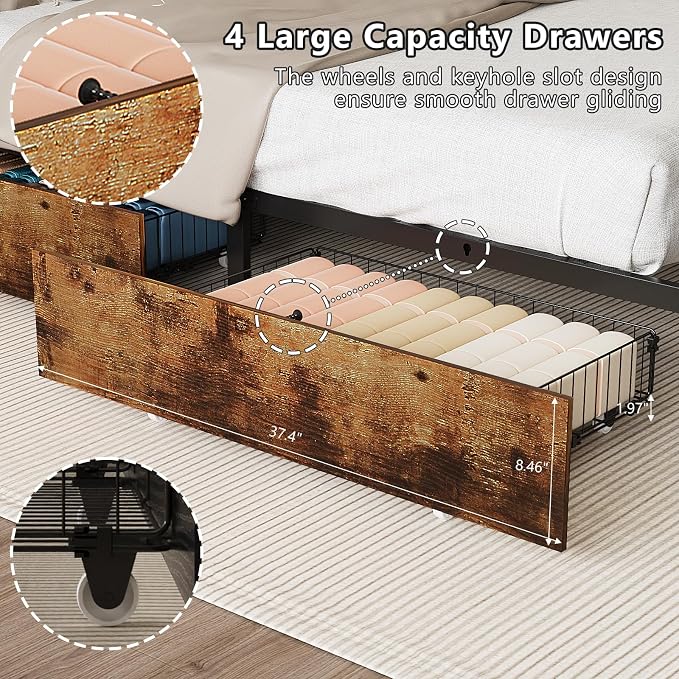 VINGLI Full Platform with 4 Storage Drawers and Headboard, Metal Double Bed with Charging Station and LED Lights, No Box Spring Needed, Noise Free, Easy Assembly, Vintage Brown