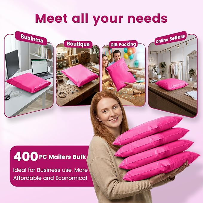 Metronic Pink Poly Mailers 14x19 400 Pack, Heavy Duty Shipping Bags Bulk Self Seal Waterproof Tear Resistant Large Mailing Envelopes, Packaging bags for Small Business, Boutique, Clothing