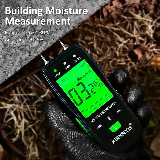 RDINSCOS Digital Wood Moisture Meter | Firewood and Lumber, Replaceable pins, Wall and Building, Humidity Tester,Built in Flashlight