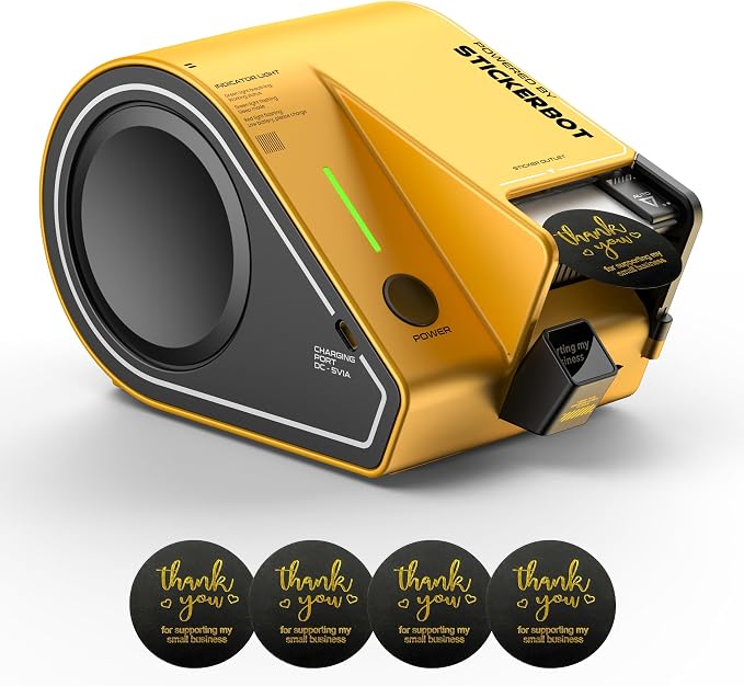 Automatic Sticker Dispenser—Multi-Size, Snap-in Preloaded Sticker Roll Cartridge—for Packaging, Gift Bags, Envelopes, Weddings & Events—Includes 750x1.5 Thank You Stickers (Yellow)