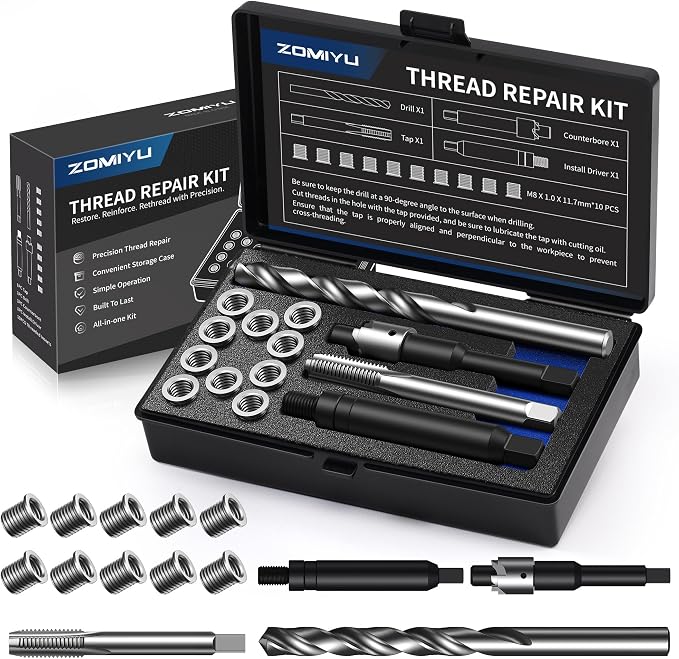 M8x1.0 Metric Thread Repair Kit, with HSS Drill, HSS Tap, Counterbore, Installation Driver, M8x1.0MM 10 pcs 304 Stainless Steel Inserts (11.7mm Length)