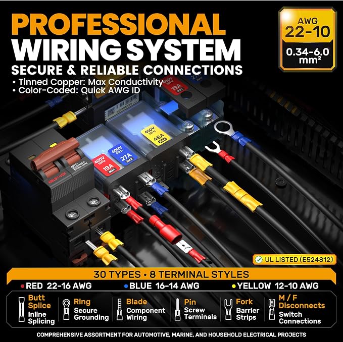 SOMELINE Wire Connectors Kit with Crimping Tool, 30 Types (UL Listed) Premium Electrical Terminals Assortment, 22-10 AWG Ratchet Crimper - Ring, Fork, Butt, Pin, Blade, Quick Disconnects (210 Pcs)