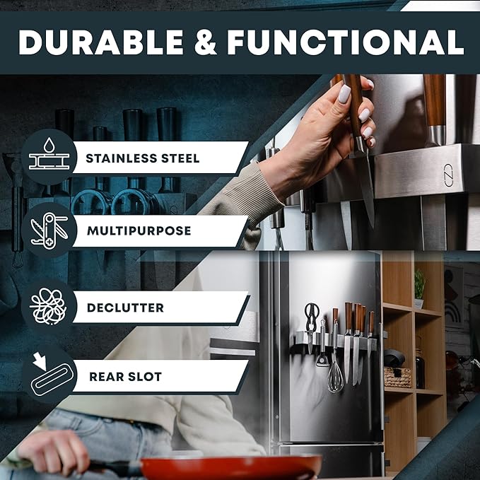 24" Magnetic Knife Holder for Wall with 2x Storage - Safe, Patented Design - Stainless Steel Knife Magnetic Strip, Under Cabinet Knives Storage - Magnet Strip Rack Kitchen Utensil Organizer