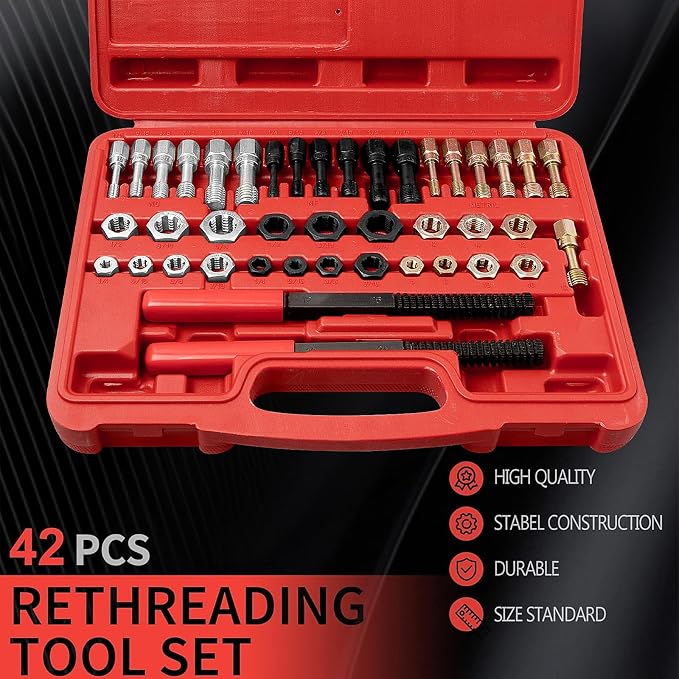 42 Pcs Thread Chaser Set, UNC/UNF/Metric Rethreading Kit | Includes Taps, Dies, 2 Thread Files and Storage Case for Thread Repair, Rust Removal, UNC UNF and Metric Maintenance