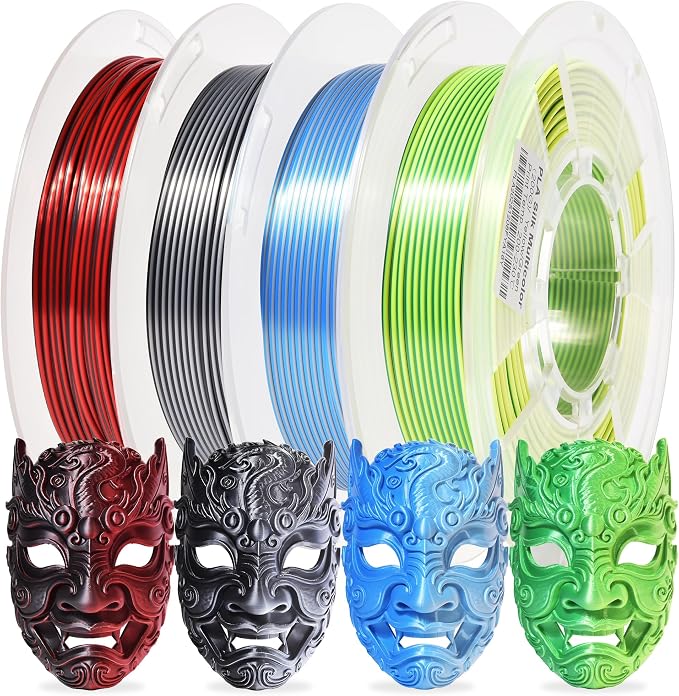 RAMBERY Silk Dual Color 3D Printer Filament Bundle 1.75mm +/- 0.02mm, Bicolor PLA 3D Printing Filament 200gX4 Spools (1.76 lbs), Black-Silver, Red-Black, Blue-Silver, Yellow-Green