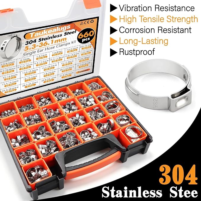 660 26 Sizes Pcs Single Ear Hose Clamps Kit,304 Stainless Steel 5.3-36.1mm Stepless Constant Tension Clamps for Fuel Line, Coolant Hose, PEX Plumbing, Irrigation & DIY