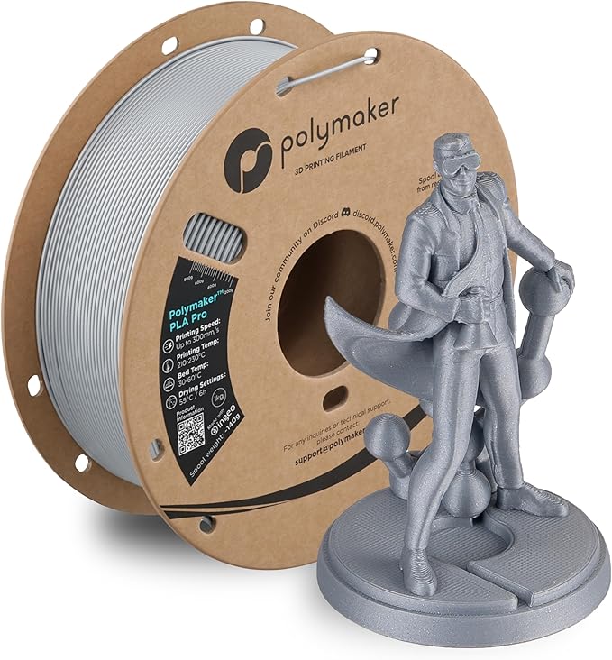 Polymaker PLA Pro 3D Printing Filament Metallic Silver 1.75mm 1KG, High-Impact Tough PLA, Fast Printing up to 300mm/s, High Speed New Formula, Easy to Print on most FDM Printers, No Enclosure Required