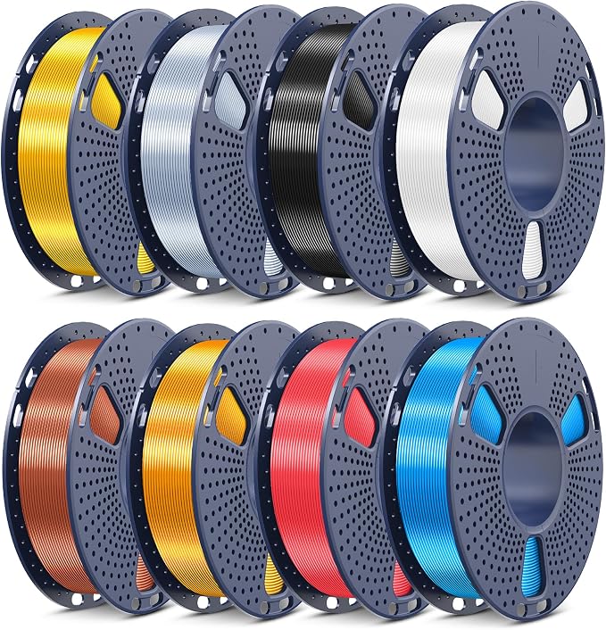SUNLU Silk Shiny PLA Filament Bundle 1.75mm, Individually Vacuum Packed, 0.25kg per Spool, 2kg in Total, 8 Pack, Silk Gold+Sliver+Black+White+Brass+Red Copper+Red+Blue