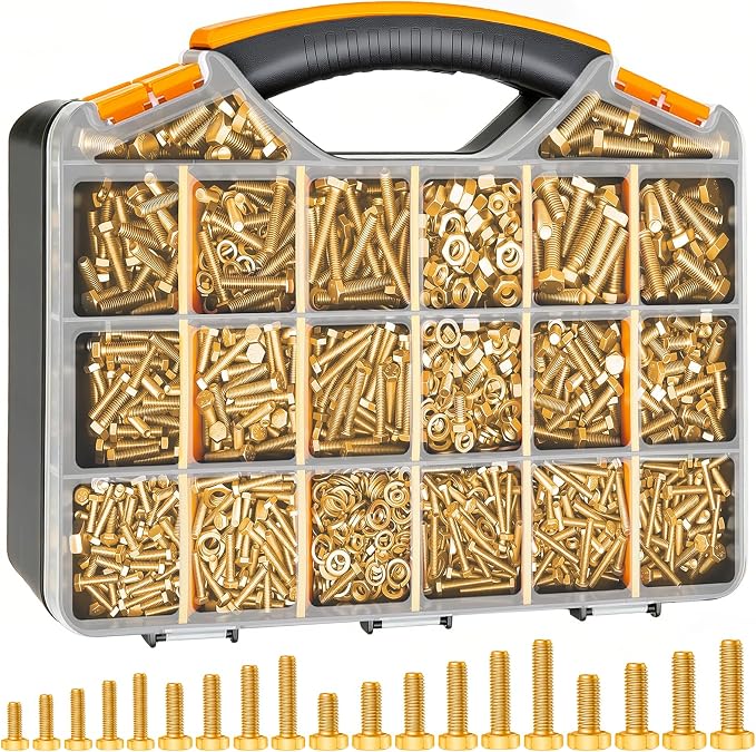 Twidec/1505PCS Metric Bolt Assortment M4/M5/M6/M8 Length from 12-40mm Grade 8.8 Hex Head Nuts and Bolts Assortment Kit,Heavy Duty Bolts and Nuts Kit, Flat & Spring Lock Washer Gold Zinc Plating