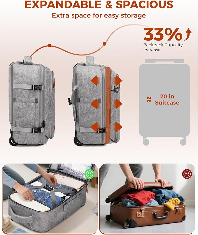 Vancropak Expandable Travel Rolling Backpack with Wheels, Airline Approved Wheeled Backpack with 3 Packing Cubes, 17 Inch Roller Carry on Luggage Suitcase Laptop Bag for Men Women, Grey