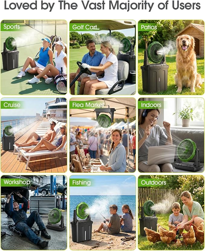 Ausic 2026 Upgraded 10″ 9L Oscillating Portable Misting Fan With Light, [Max 55Hrs] Golf Cart Mister Fan for Outside Patios, Outdoor Rechargeable Battery Operated Water Cool Fan-3 Spray Misters