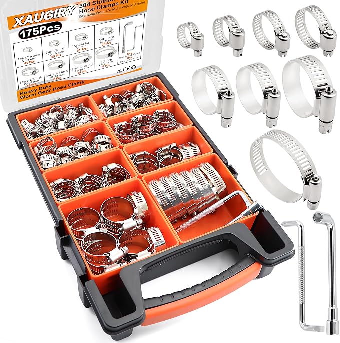 175Pcs Hose Clamps 304 Stainless Steel Assortment Kit,Adjustable 1/4"-2"(6-51mm) Worm Gear Hose Clamp For Fuel Line,Pipeline,Automotive,Radiator Plumbing,Industry,Garden
