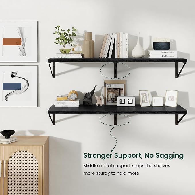 Floating Shelves 12 Inch Deep, 48W x 12D Wall Shelf Set of 2, 70 lbs Heavy Duty Reversible Metal Brackets, Deep Industrial Book Shelf for Living Room Kitchen Bath Bedroom Coffee Bar, Black