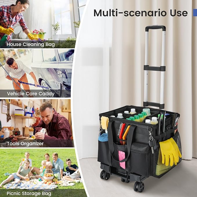 Housolution Extra Large Rolling Cleaning Caddy Bag with Detachable Trolley, Upgraded 360° Free Rotating with 5 Wheels and Dust-Proof Lid, Professional Cleaning Supplies Bag for Housekeepers, Black