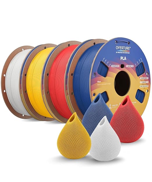 OVERTURE 4KG Bundle High Speed PLA Filament 1.75mm, Neatly Wound 3D Printer Filament 4 Pack 1kg Spool (2.2lbs) Rapid PLA, Fit Most FDM 3D Printers (White+Blue+Red+Yellow)