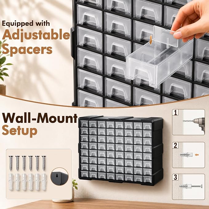 PurKeep 64-Drawer Organizer for Garage Building Bricks Storage,𝐓𝐡𝐢𝐜𝐤𝐞𝐫 Drawer Storage Cabinet with Dividers and Labels for Hardware,Screws,Nuts Bolts, Garage Tools,Charms,Beads,Craft,Scrapbook