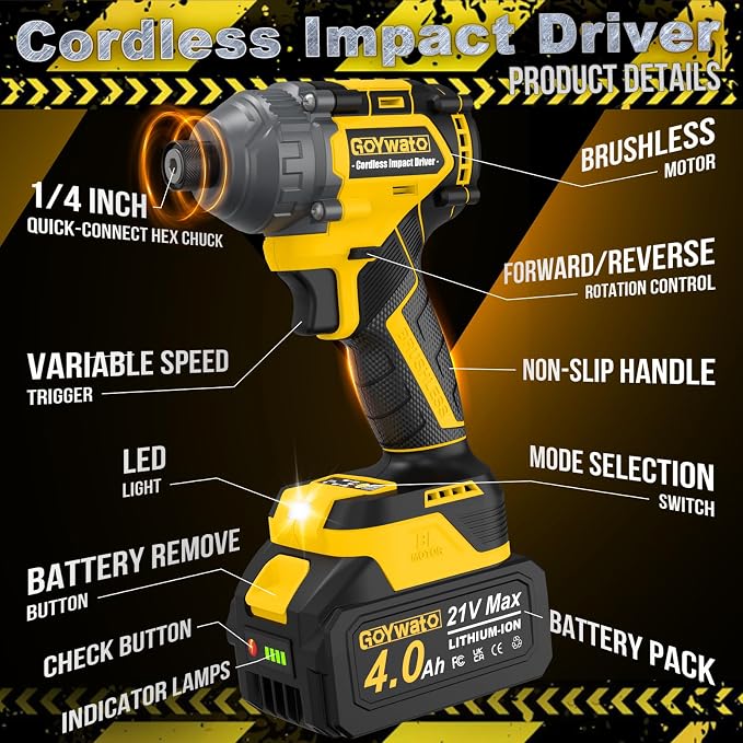 Cordless Impact Driver 2655In-lbs(300N·m) - 21V 1/4" Hex Chuck Brushless Hand Impact Driver With 2 x 4.0Ah Battery & Charger & 14 x Sockets Set & 10 x Screwdriver Bits for Home Projects & DIY