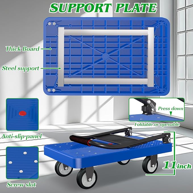 Platform Truck, 880lbs Capacity Heavy-Duty Foldable Hand Cart w/ 360° Swivel Wheels, 4 Steel Pipe Support Beams Push Dolly Cart for Warehouse Garage Home Use (27" Lx18 Wx31.5 H)