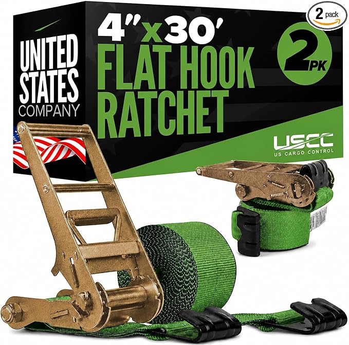US Cargo Control Flat Hook Ratchet Straps 4” x 30’ (2-Pack), 5,400 LBS Working Load Limit, Green 4 Inch Ratchet Straps with Black Flat Hooks, Professional 4 Inch Straps for Flatbed Trailers