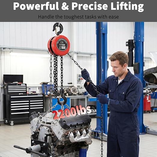Manual Chain Hoist | 1 Ton/2000 lbs Capacity | 10’ Lift | 2 Hooks | Manual Hand Lift Steel Chain Block Hoist (1T-Red)