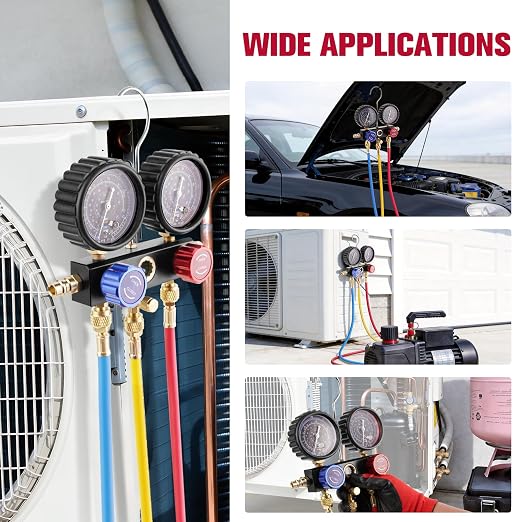 3-Way R454B AC Gauge Set, HVAC A2L Manifold Gauges for R454B/R32/R410A/R22 Refrigerant with A2L/R410a Adapters, 5FT Hoses