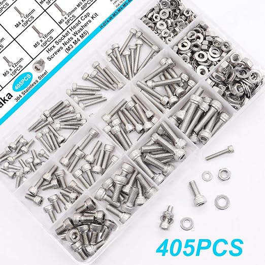 405PCS M3 M4 M5 Metric Screw Assortment Kit, 8-20mm Hex Socket Head Cap Screws Bolts Nuts Washers Assortment Kit, 304 Stainless Steel Metric Bolts with 3 Hex Wrench