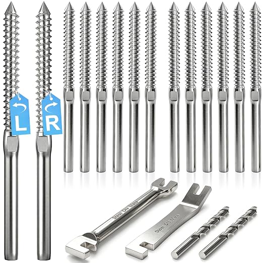 Steel DN Mate 100 Pack T316 Stainless Steel Right&Left Handed Thread Swage Lag Screws for Wood Post of 1/8" Steel Cable Railing Kit, Cable Railing Hardware, DIY Deck Railings, Wrench Include-DM50
